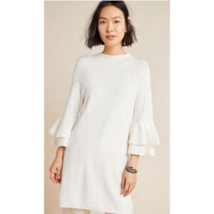 Anthropologie Claudette Dress Ruffled 3/4 Sleeves Tunic White Sz. XS